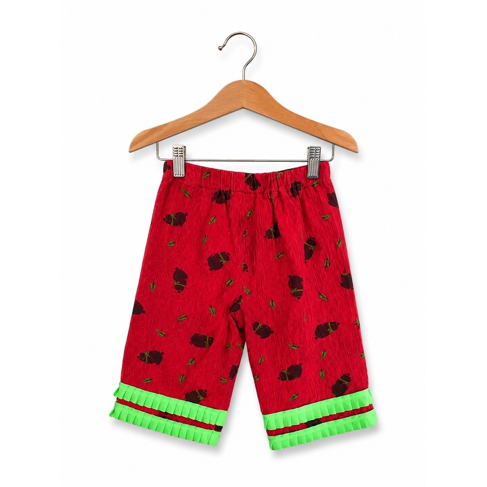 Handmade Girls Pants Size 6-12 Months Red‎ Lime Flannel Bear Pig Print